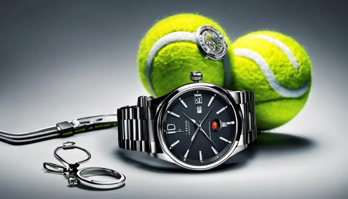 Illustration depicting a tennis ball, a watch, and marketing elements, symbolizing the influence of tennis on watch advertising.