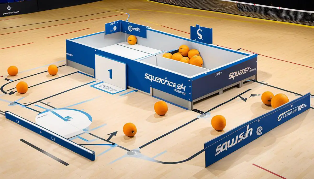 A diagram showing the layout of the service boxes in squash, with arrows indicating the direction of the serve.