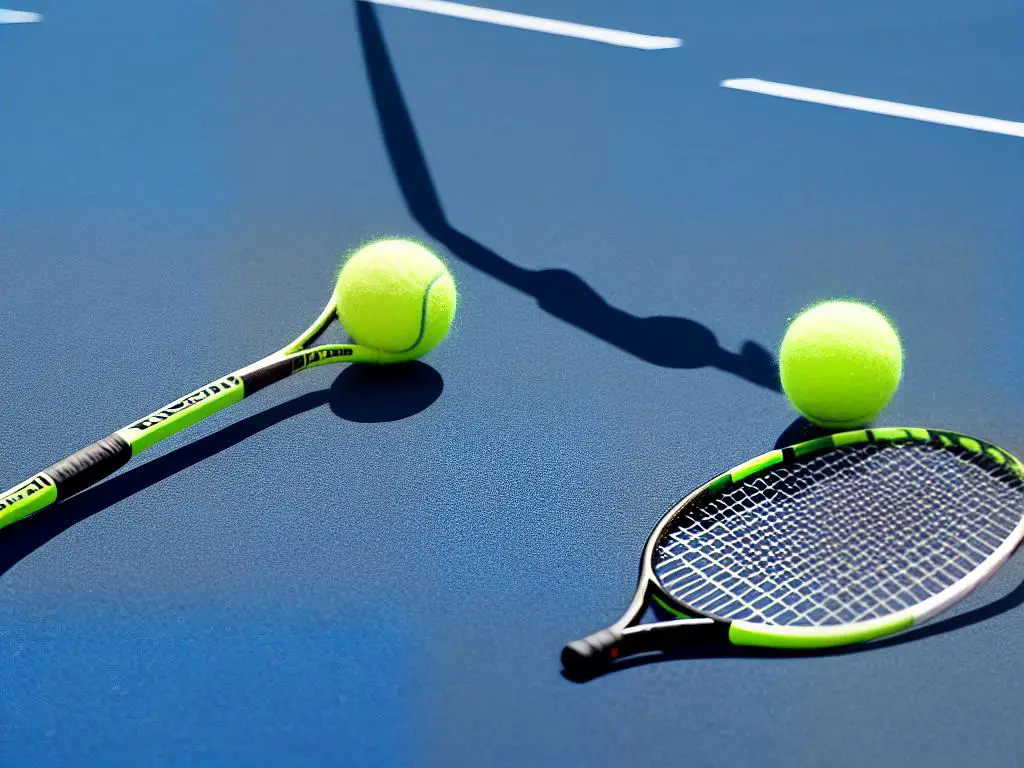 A close-up image of a tennis racket with a tennis ball in focus, showing the detailed design and advanced materials used in modern tennis equipment.