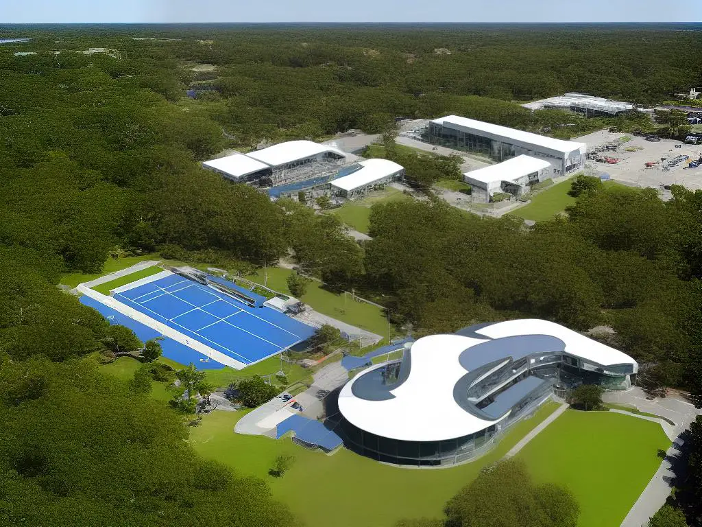 The image shows the Tennis Hall of Fame, a building with a modern architectural design that showcases the grandeur and significance of the institution.