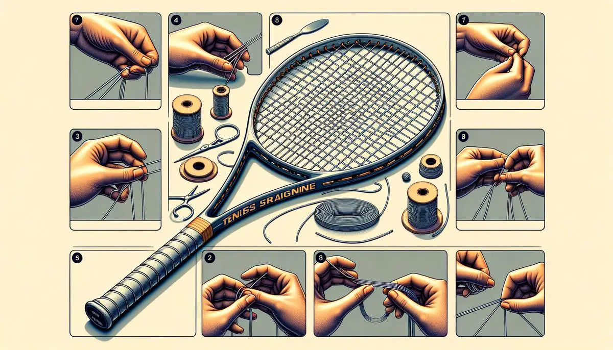 Image of a tennis racket being strung with strings following specific steps