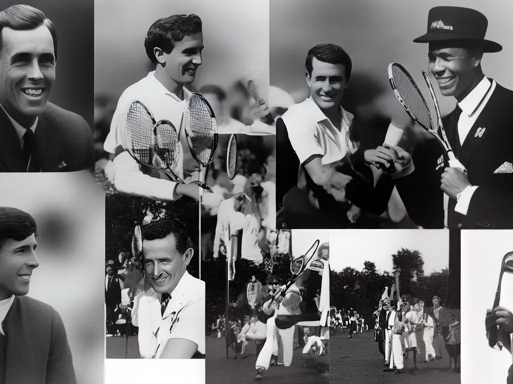 Collage of famous tennis players including Bill Tilden, Maureen Connolly, Arthur Ashe, and Chris Evert