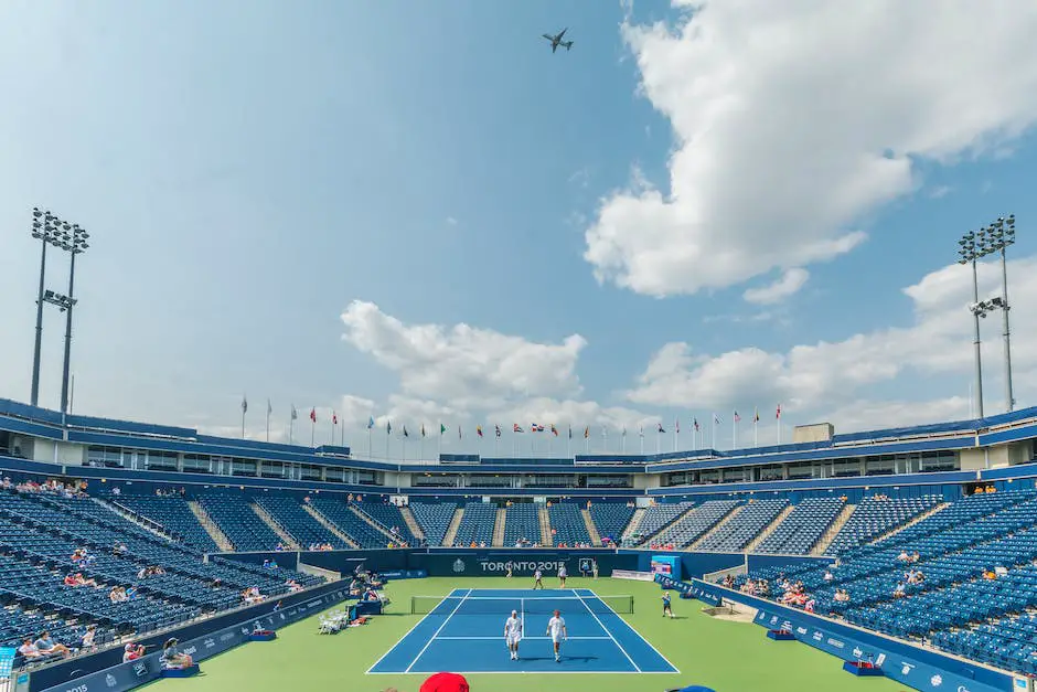 Depicts players playing tennis with rackets and a ball, with trees and blue skies in the background