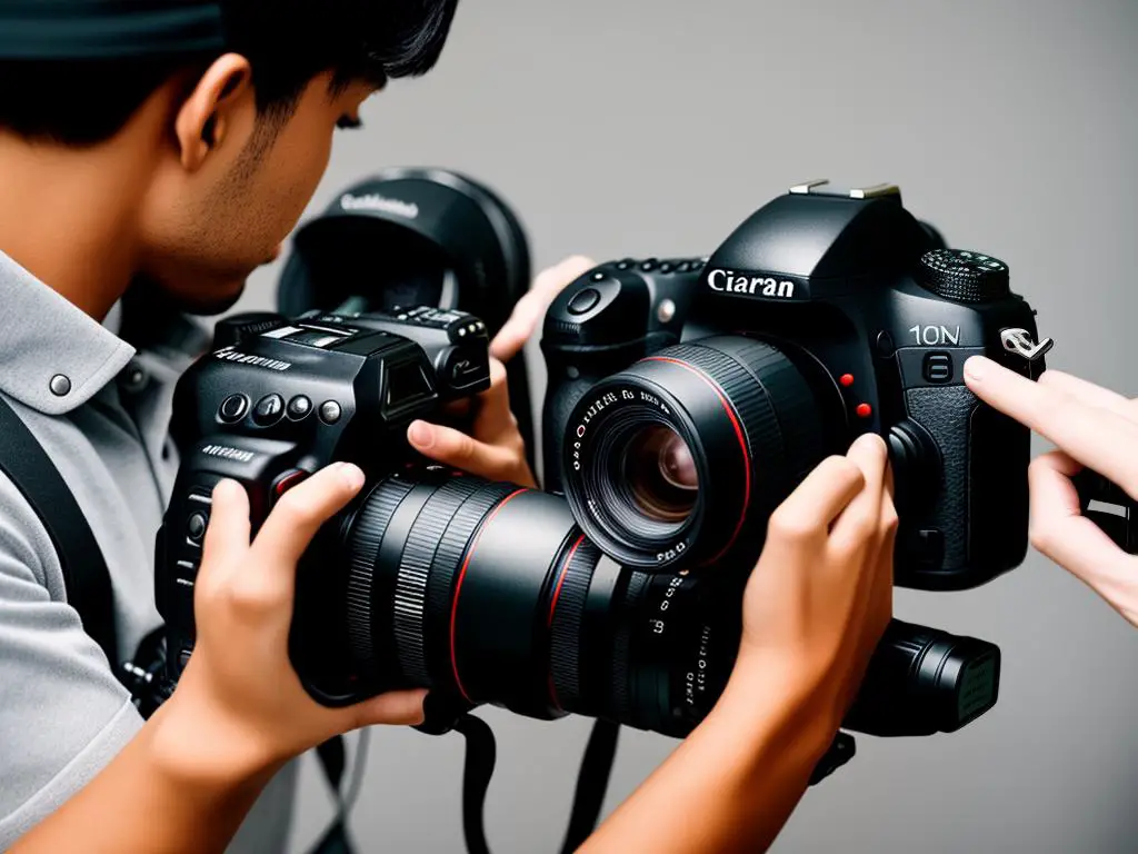 Image showing a photographer adjusting camera settings with a diagram of the exposure triangle.