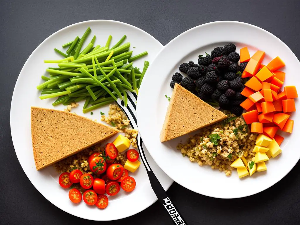 A plate of nutritious food beside a tennis racket.