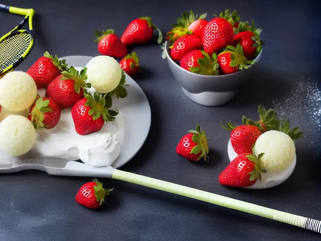 Strawberries and cream with tennis balls and a racket on a Wimbledon themed background