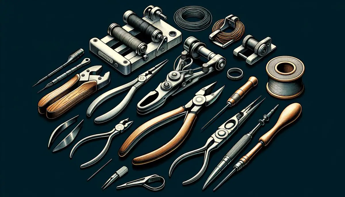 Various tools needed to string a tennis racket such as stringing machine, pliers, awl, cutter, starting clamp, and grommet grinder