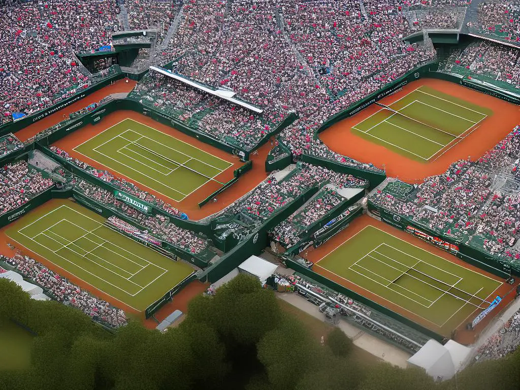 Aerial view of the Roland-Garros tennis complex during the French Open tournament, featuring the red clay courts and the iconic stadium.