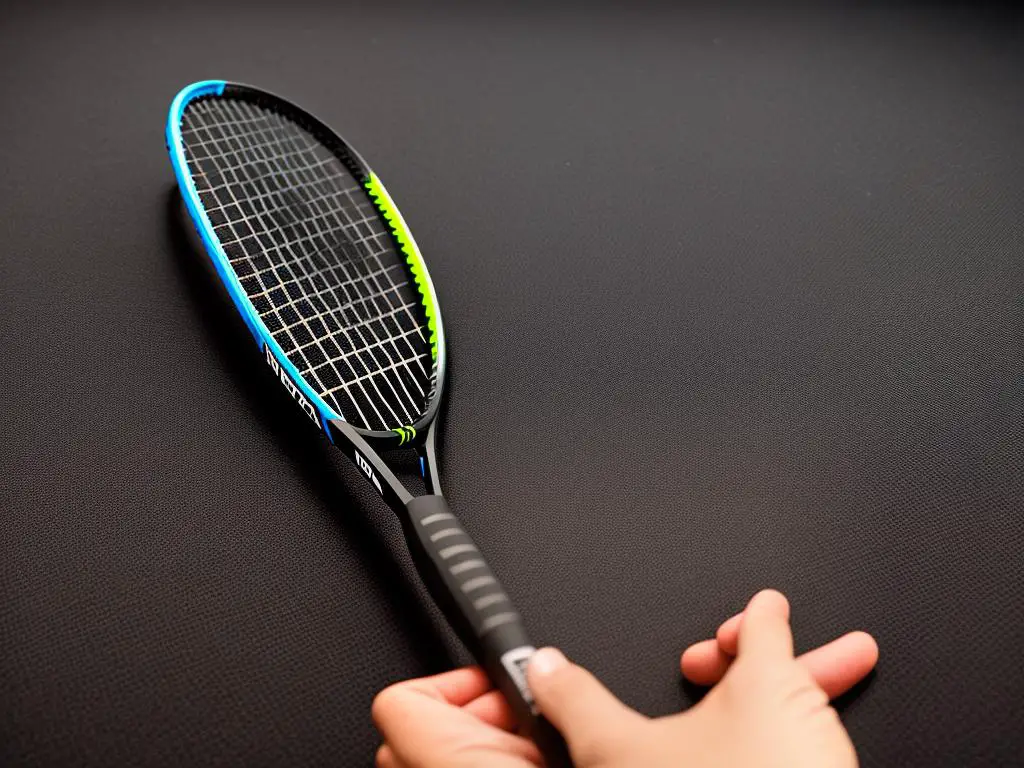 A person holding a Black Knight Bandit 3 Squash Racquet, showcasing its lightweight graphite construction and wider body design for beginner players.