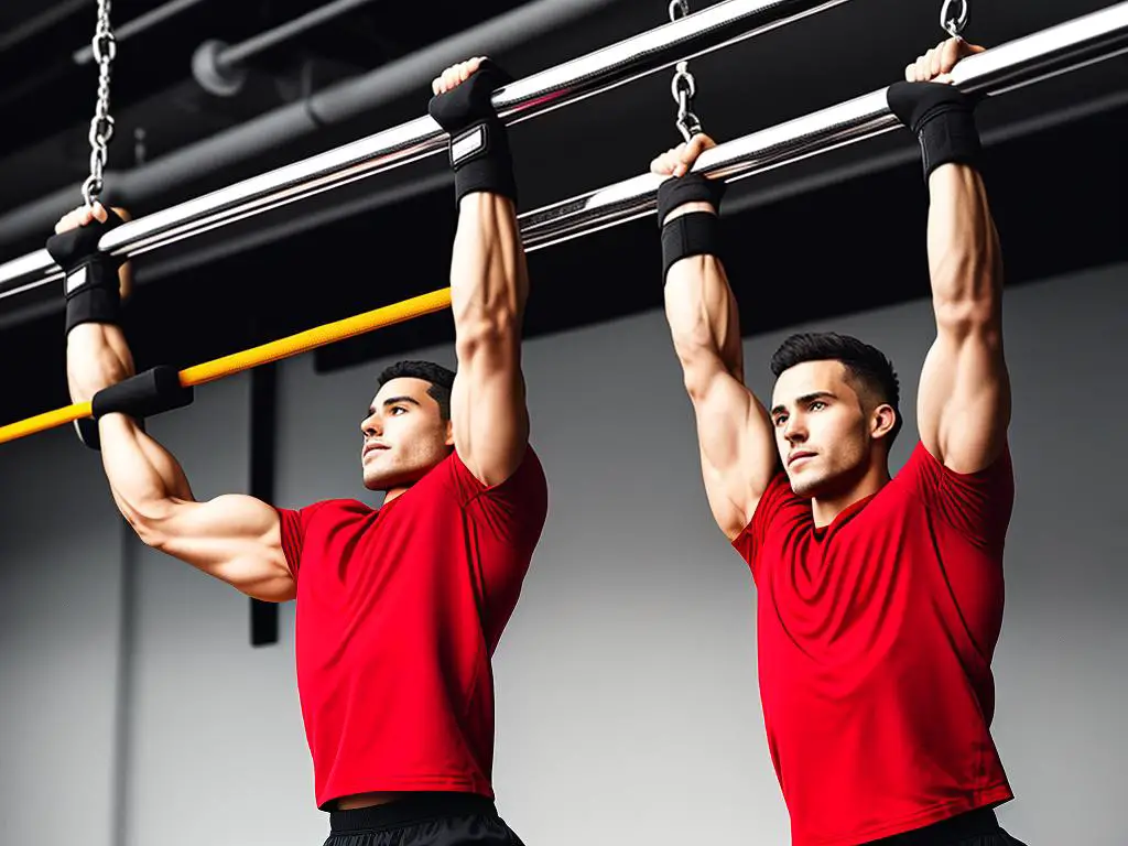 Illustration of a person performing grip strength exercises, hanging from a bar and holding weights in each hand.