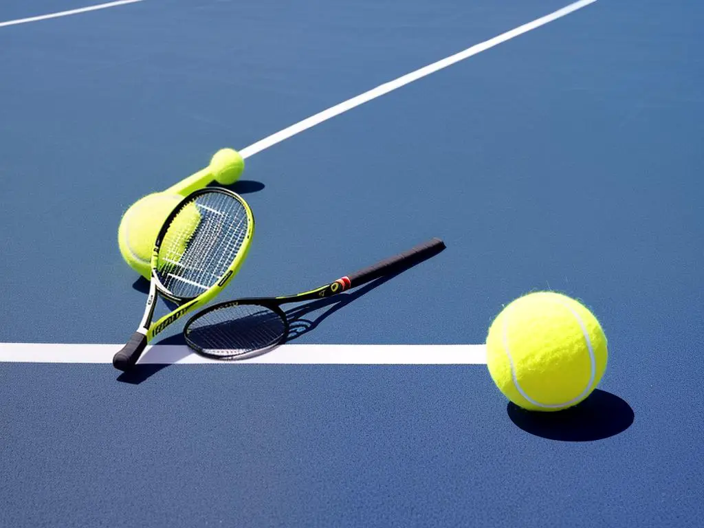 A tennis ball and a tennis racket on a tennis court