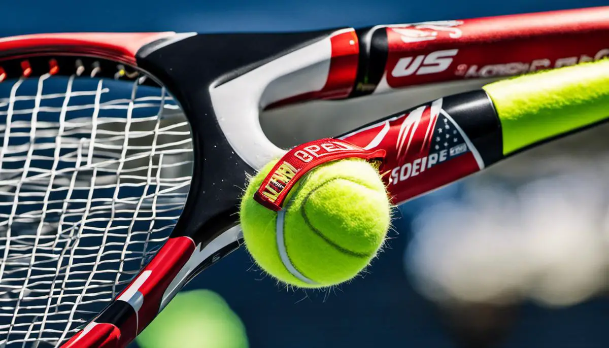 Close-up of a tennis racket, representing the sponsors and advertising revenue at the U.S. Open Tennis Championships.