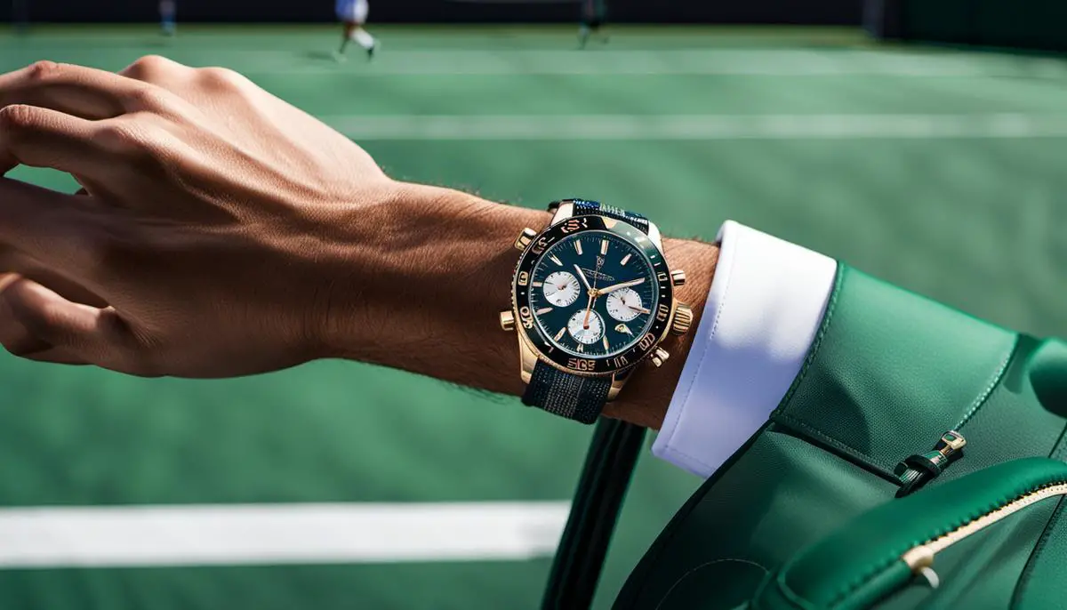 A close-up image of a luxury watch on a tennis court, representing the connection between luxury watches and tennis.