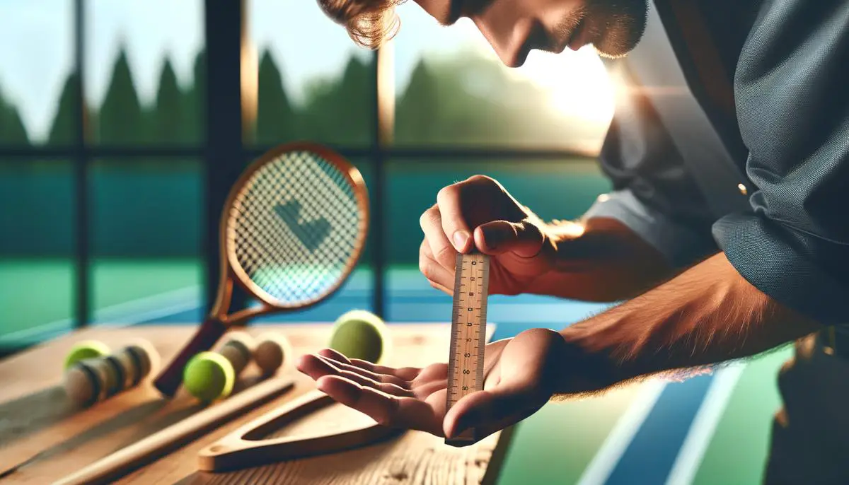 A close-up image of someone measuring their hand with a ruler to find the perfect tennis grip size