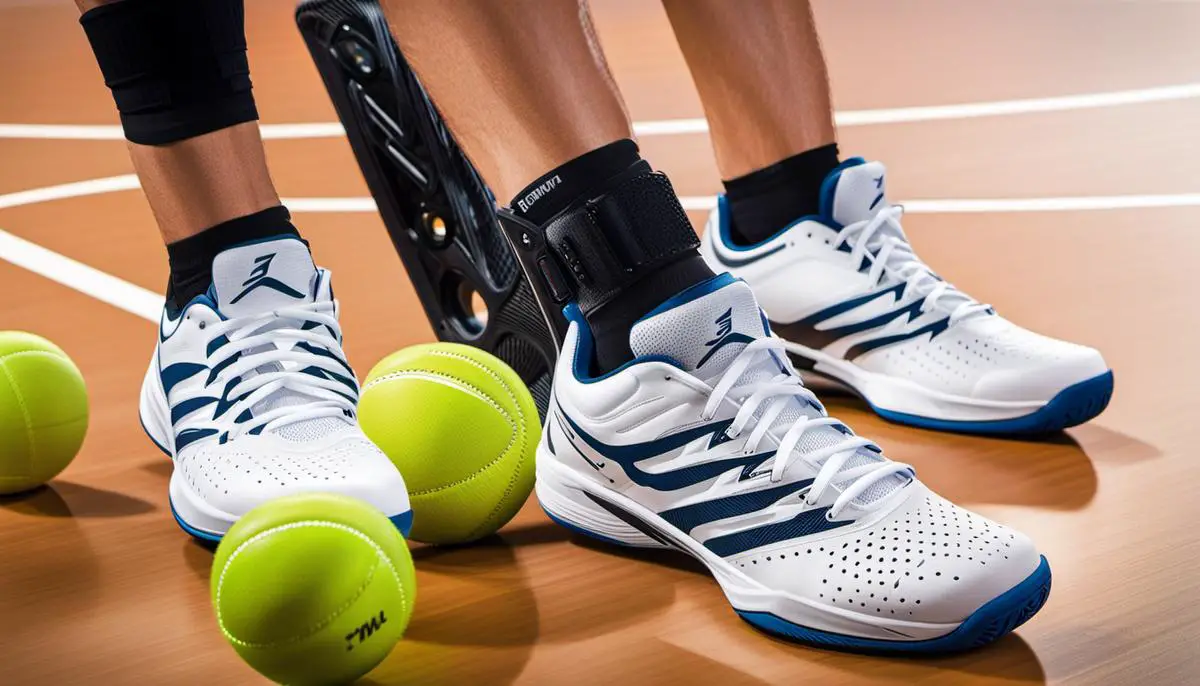 Image of a pair of specialized pickle ball shoes designed for the sport, with features like ankle support, stable sole, and reinforced toe protection.