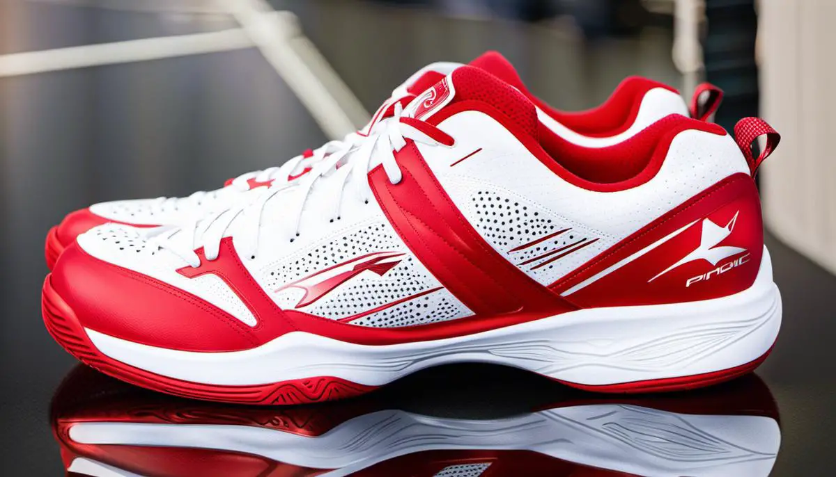 A pair of bright red and white pickle ball shoes with a rubber sole.