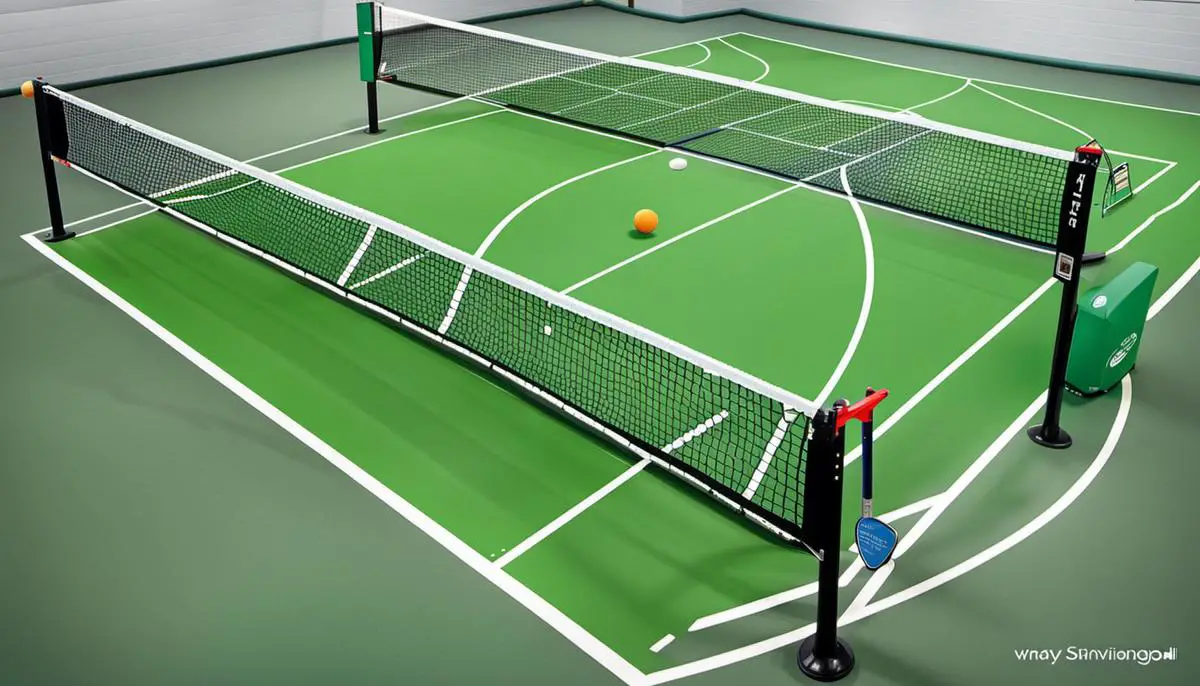A diagram showing the court layout and equipment used in pickleball