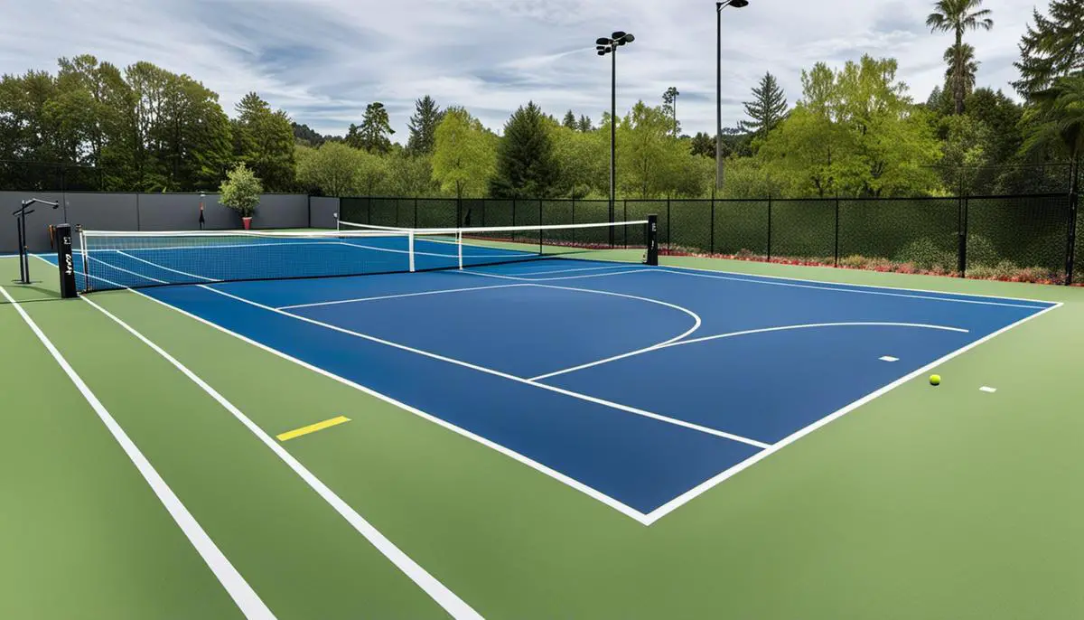 A vibrant pickleball court with neatly painted lines and a clear surface, ready for play.