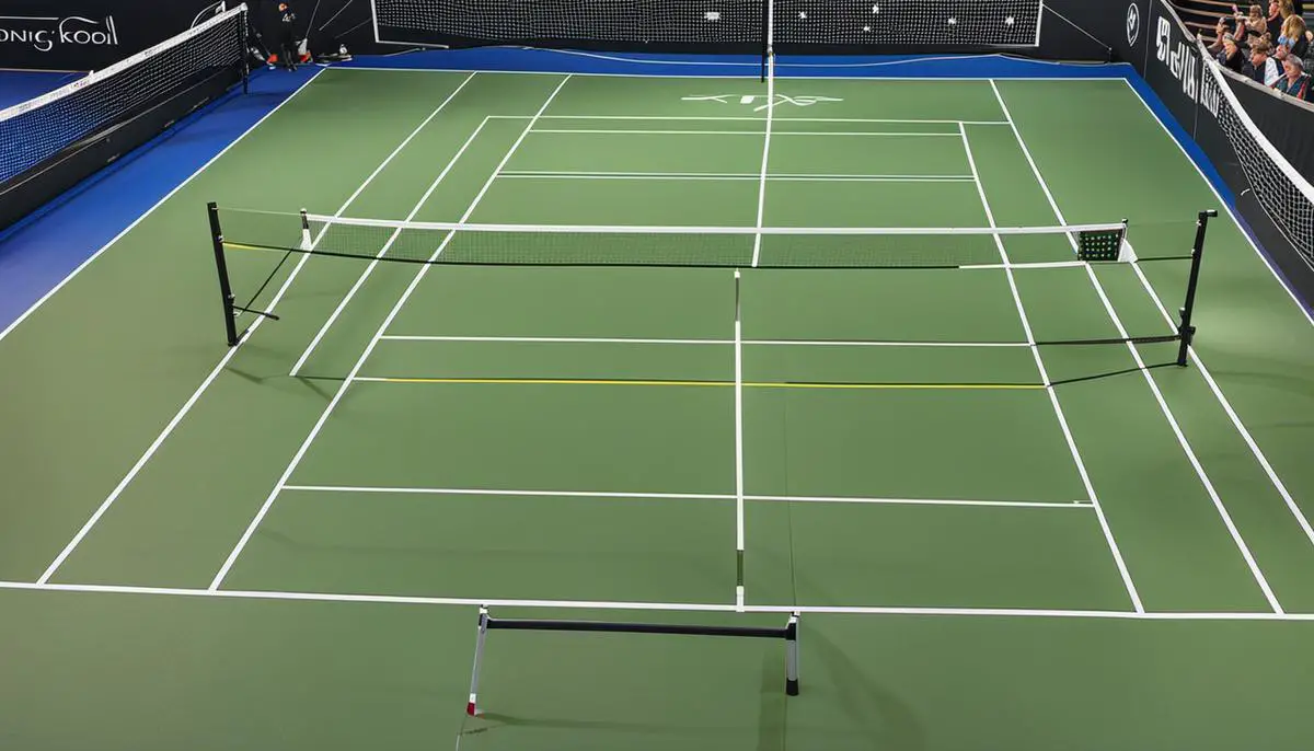 A visual representation of the pickleball court dimensions, showing the rectangle shape and the placement of the non-volley zone known as the 'kitchen'.
