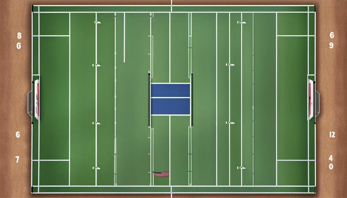 A diagram of a pickle ball court layout with the dimensions and key areas labeled.