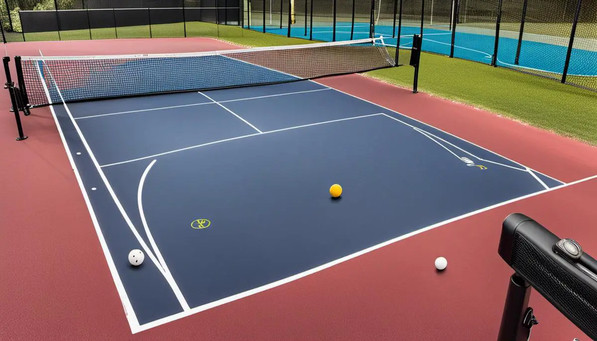 A photo of different pickleball equipment, including paddles, balls, and a pickleball court with a net.