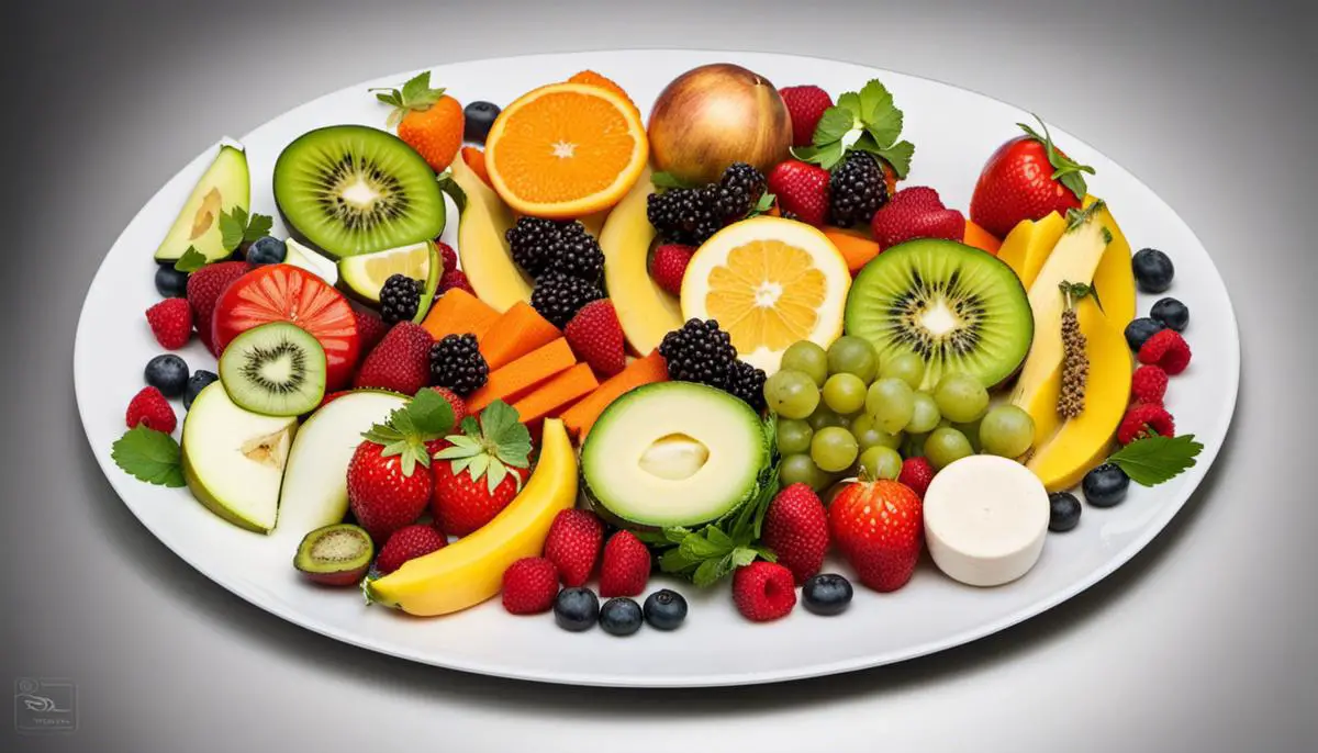 A diverse plate of fruits, vegetables, grains, and protein symbolizing a balanced diet for pickleball players