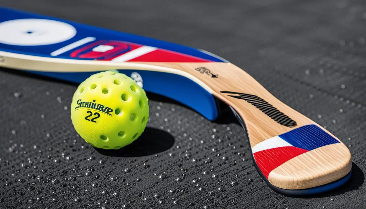 A close-up image of a pickleball paddle showing the various features and components.