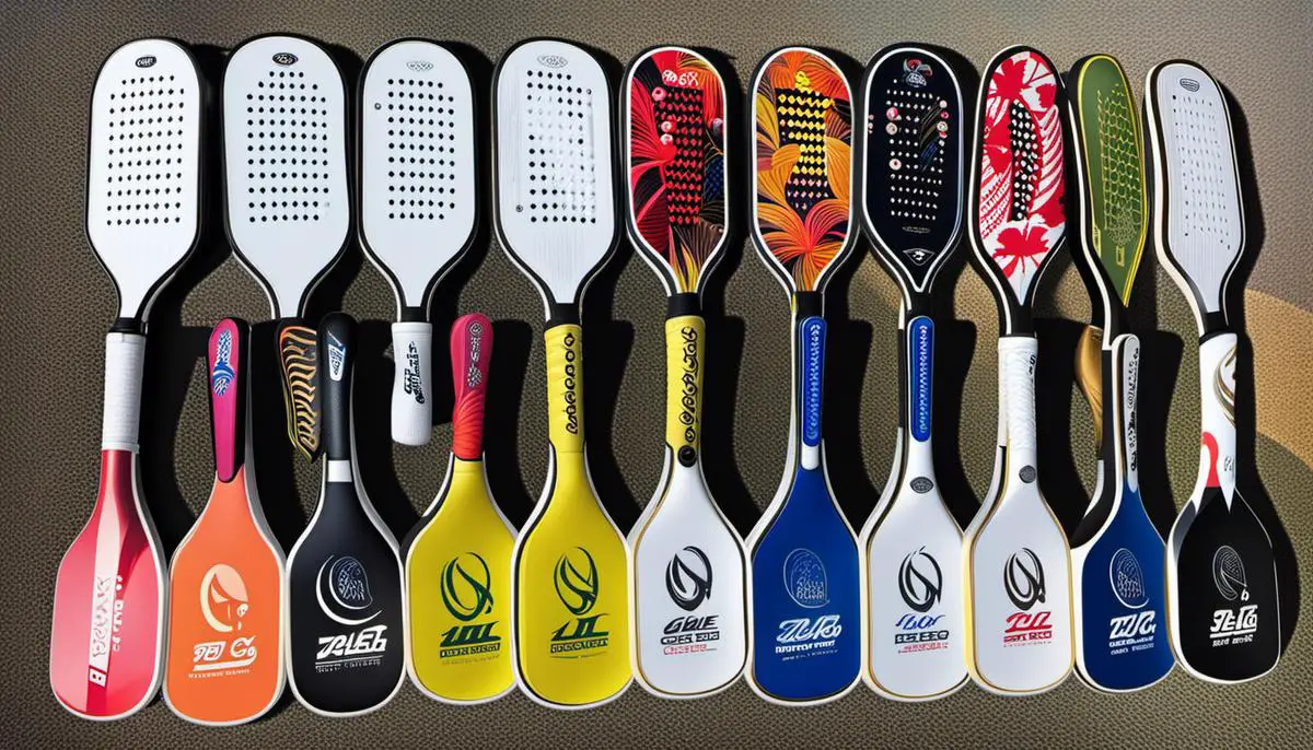 A collage of pickleball paddles from different brands displaying their unique designs and features.