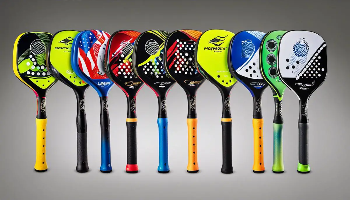 A photo of different types of pickleball paddles, showcasing their variations in size, materials, and designs.