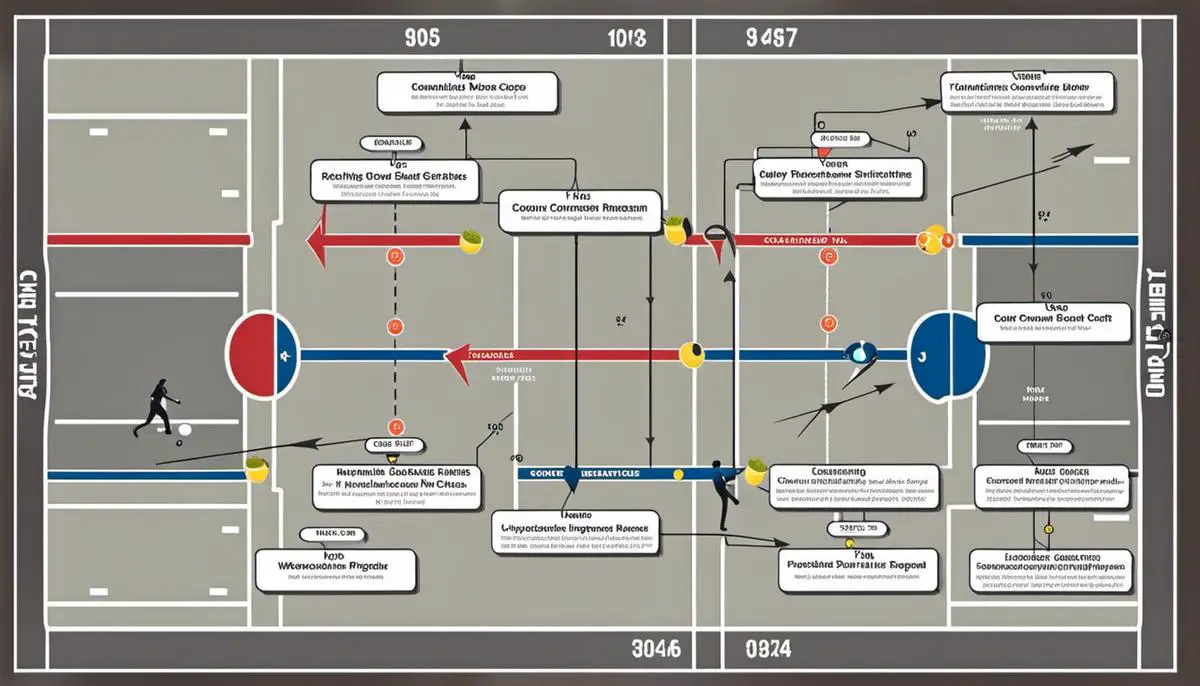 A diagram showing the different techniques and strategies discussed in the text, with arrows and labels indicating the movements and shots involved in pickleball.