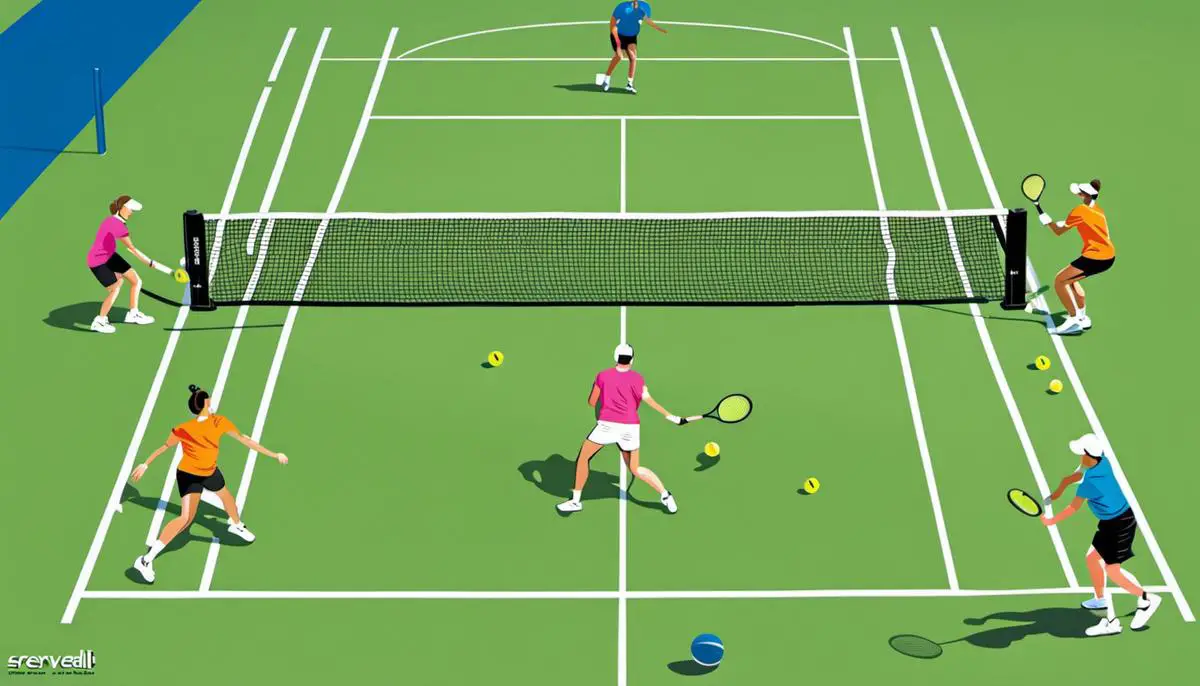 Illustration of different pickleball strokes: serve, return, drive, lob, dink, slam, and drop shot