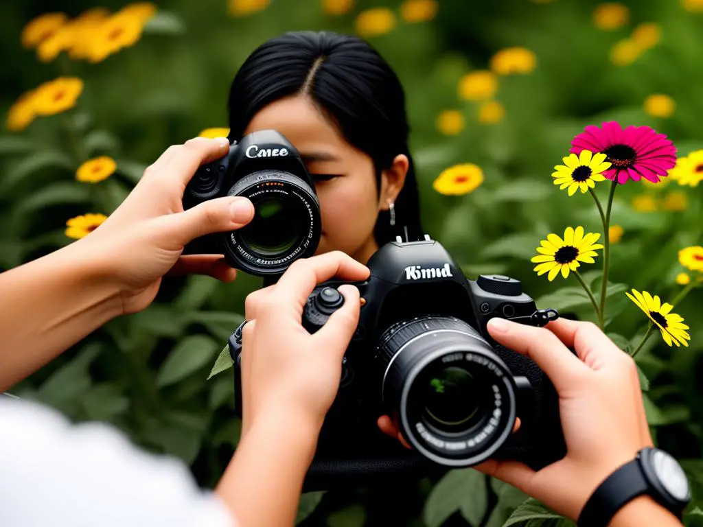 A person capturing a close-up shot of a flower