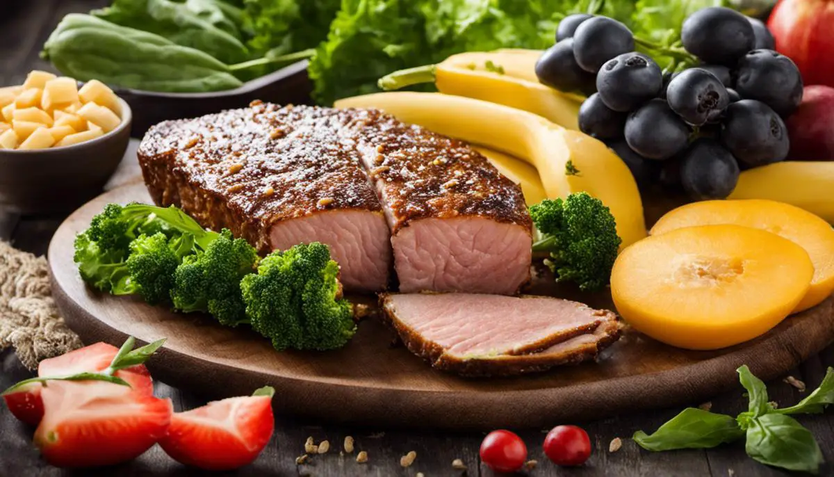 A balanced meal with protein-rich food, fruits, and vegetables