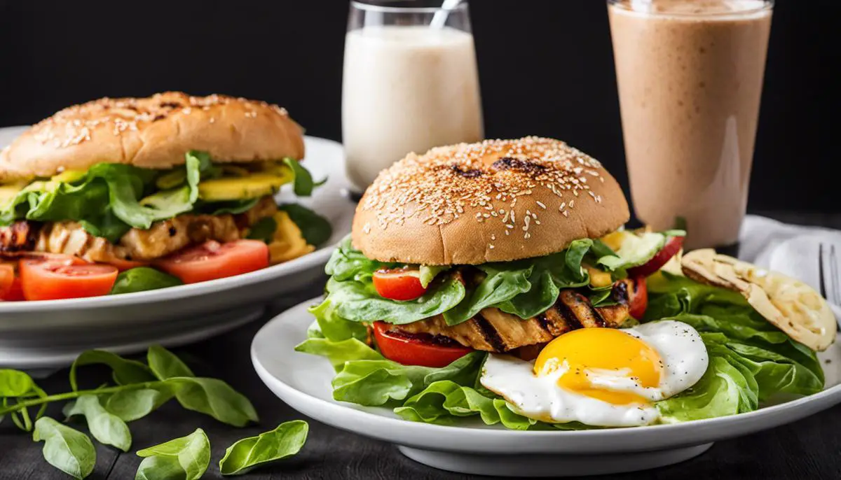 A variety of protein-rich meal options for tennis players, including eggs, grilled chicken salad, and a protein shake.