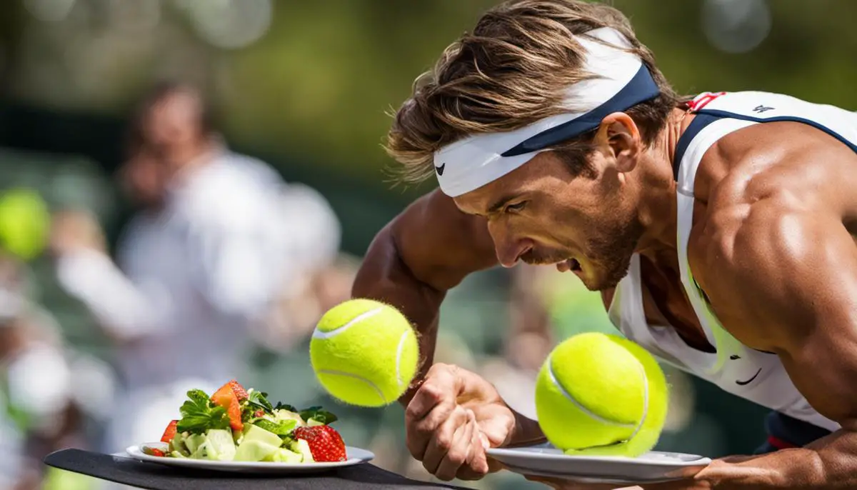 An image showing a tennis player recovering and consuming protein-rich food for muscle recovery.