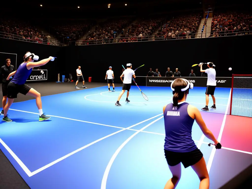 A group of people playing squash in a virtual reality environment.