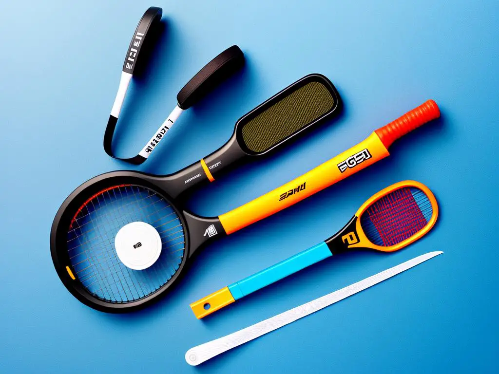 Illustration of squash racket components: frame, strings, grip, throat, and bumper.