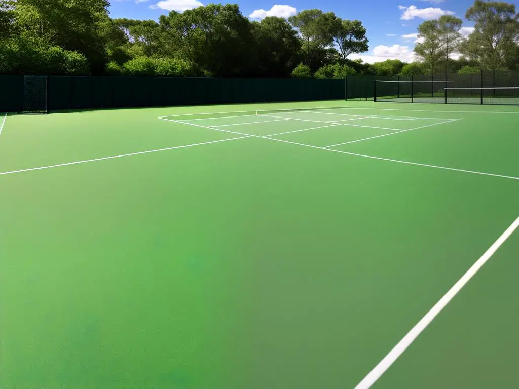 An image showing the dimensions of a tennis court with a labeled net and service boxes.