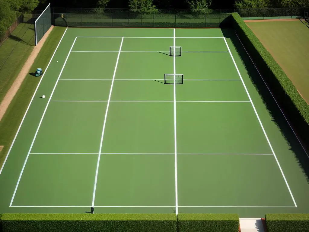 Illustration of tennis court elements including baseline, service line, alley, net, singles sidelines, and doubles sidelines.