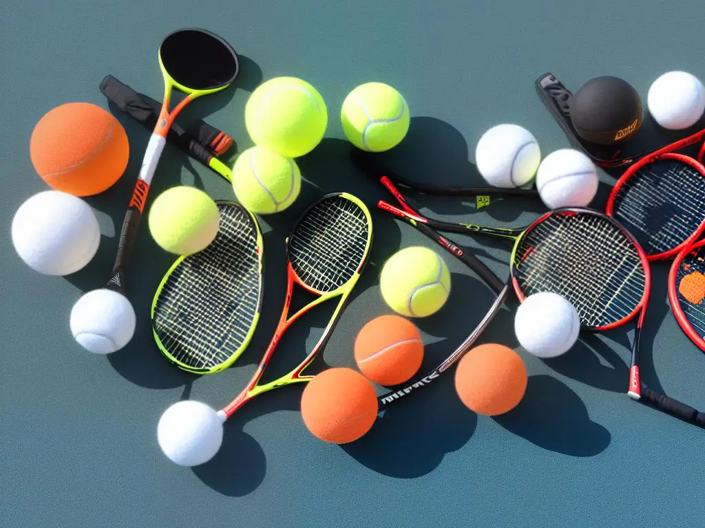 Image of various types of tennis equipment including rackets, tennis balls, and tennis shoes