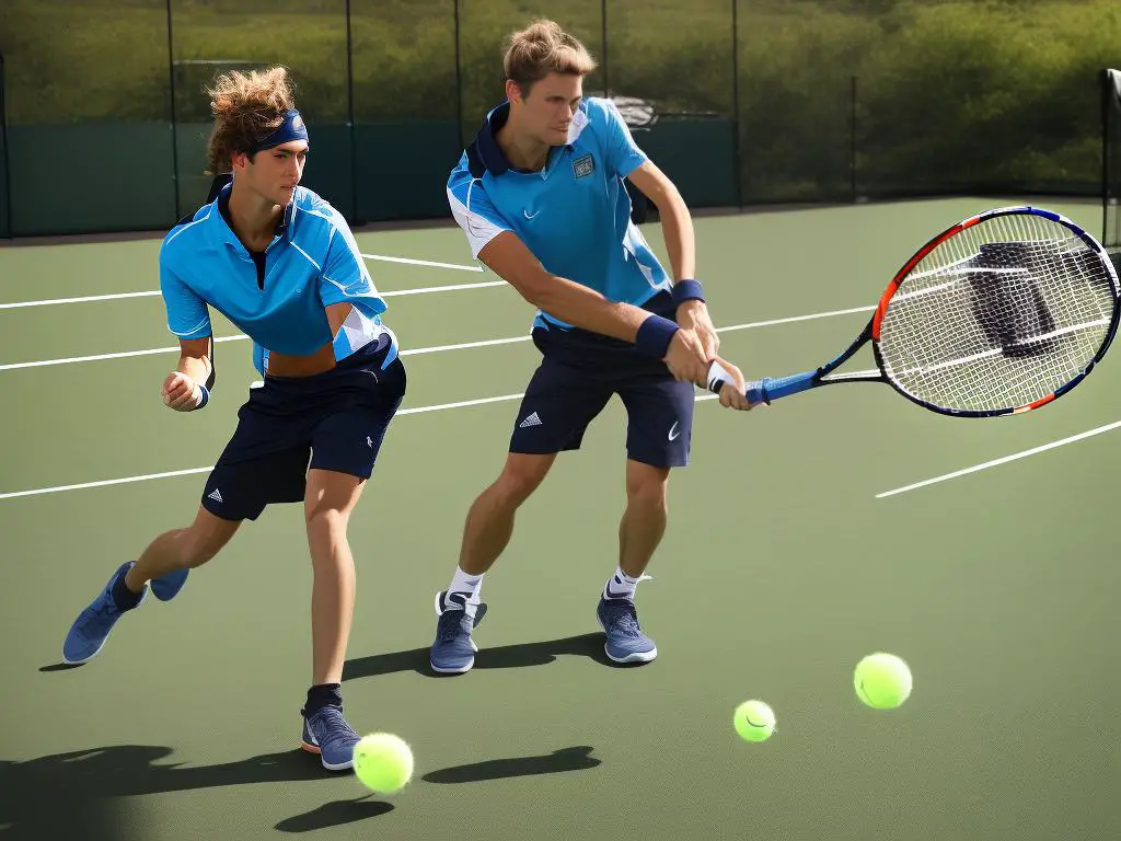 A person wearing tennis gear with a racket and tennis balls in the background