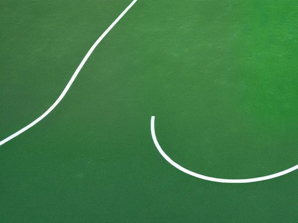 A tennis racket with a blue grip placed on a green court with lines on it.