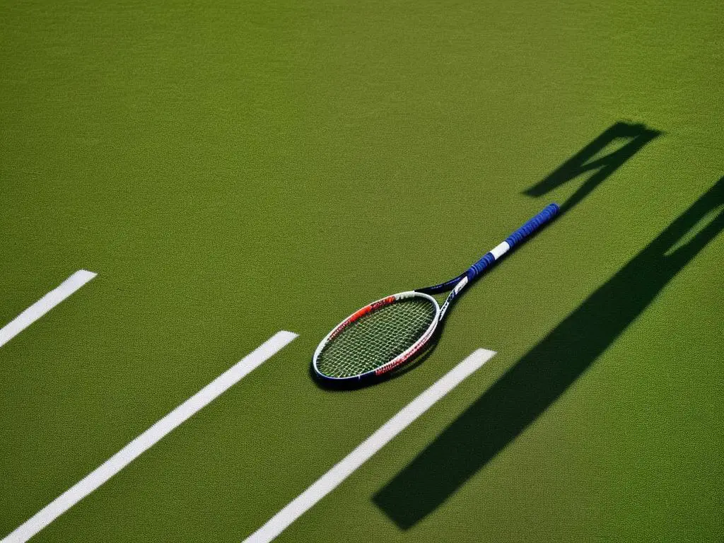A tennis racket being held with the sun shining behind it.