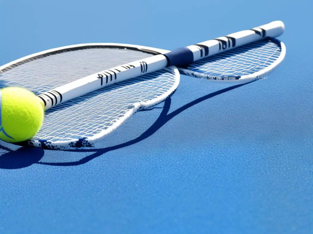 A white and blue tennis racquet resting on a tennis court net