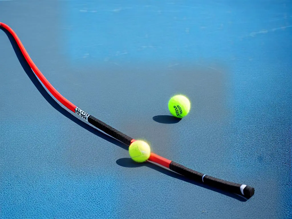 A tennis racket leaning against a tennis ball on the court.