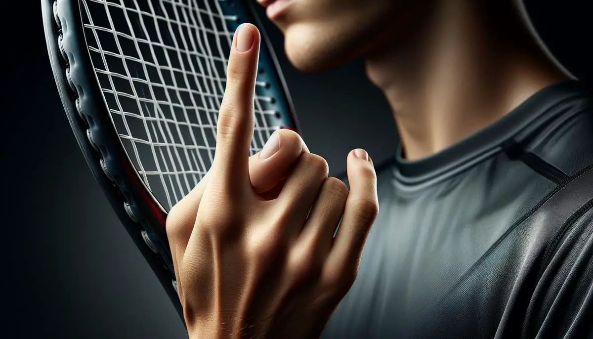 Close-up image of a tennis racket handle being measured with the index finger test