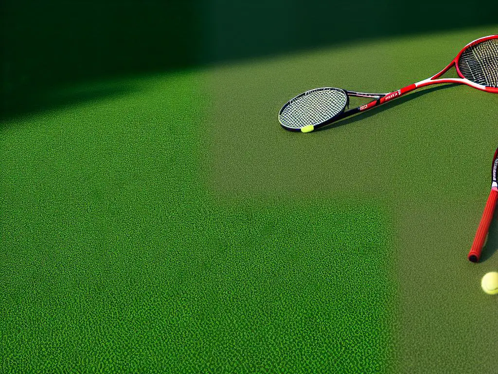 A red and white tennis racket lying on a green court in front of a net, with a green background.