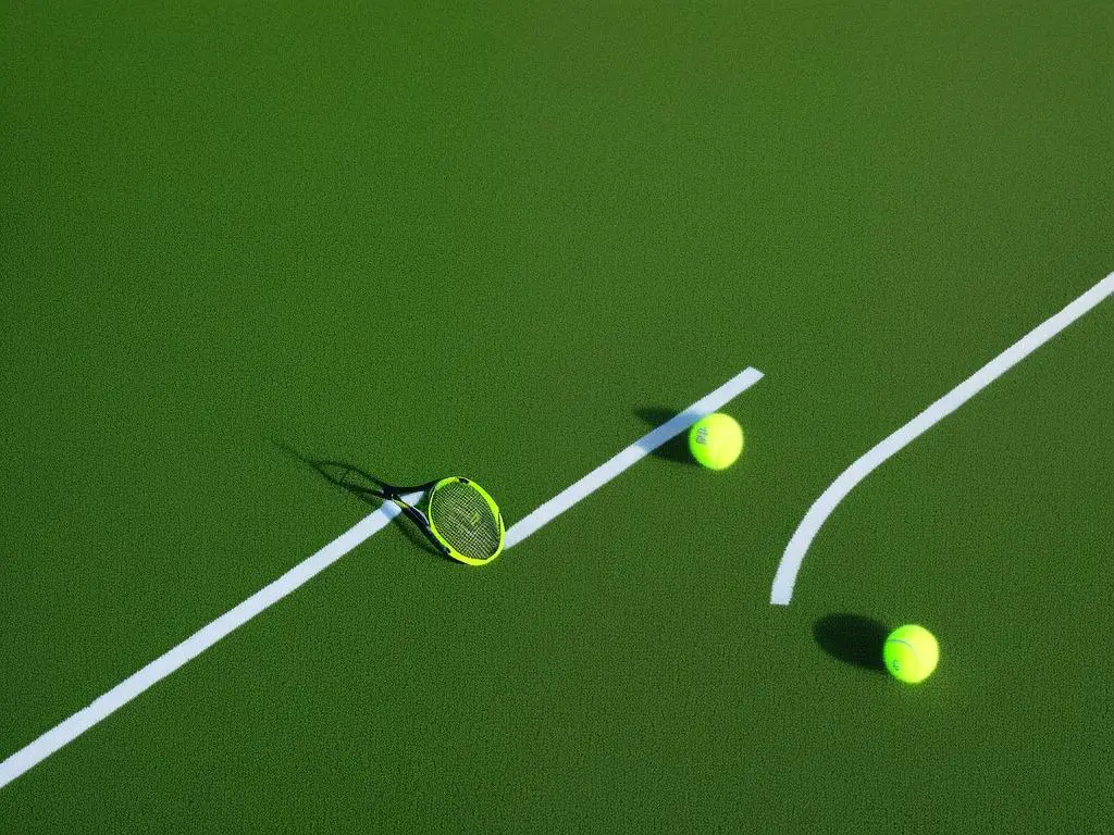 A yellow tennis racket with a black grip laying on a green court. The sun is shining in the background.