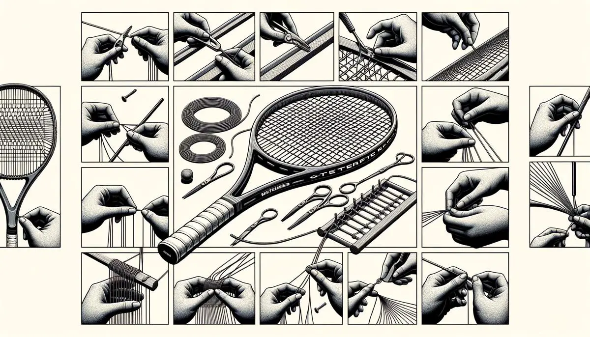 A tennis racket being restrung, showing the step-by-step process for preparing a racket for restringing