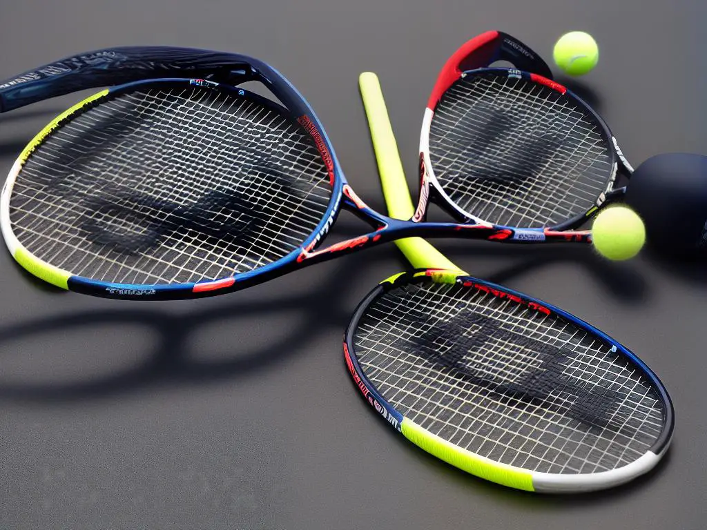 A photograph of a tennis racket that showcases its various specifications and features.